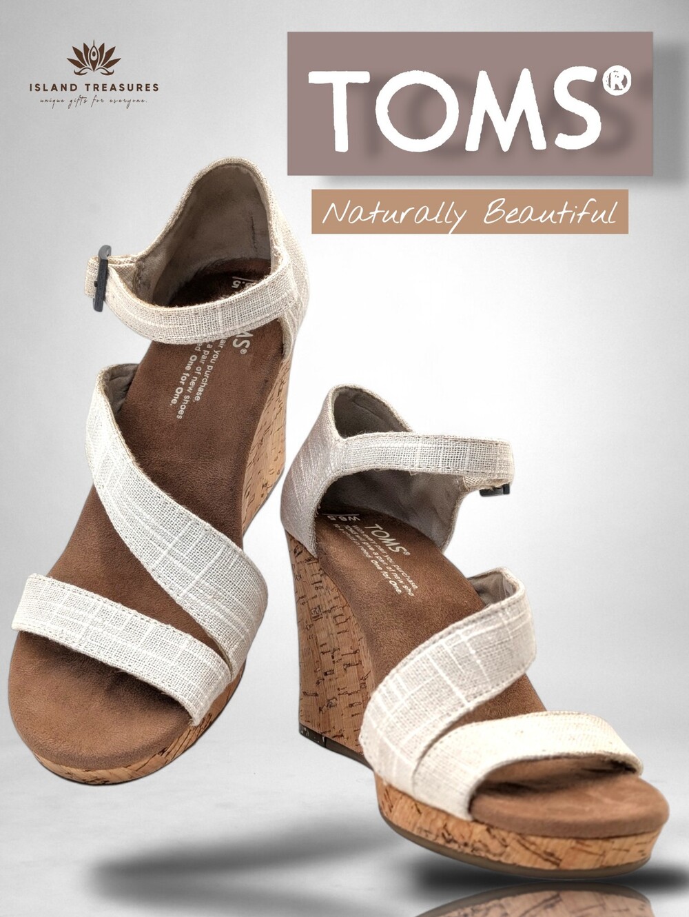 TOMS Clarissa Sz 6.5 Natural Woven Linen&Cork Wedge Oatmeal Sandal Comfy Footbed